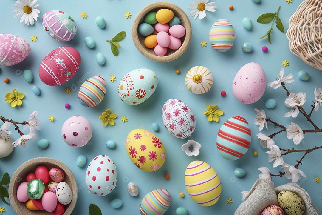 Ovos de Páscoa em fundo colorido com flores frescas