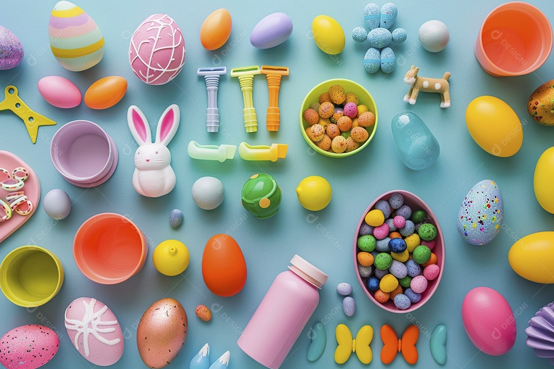 Ovos de Páscoa em fundo colorido com potes cheios de guloseimas
