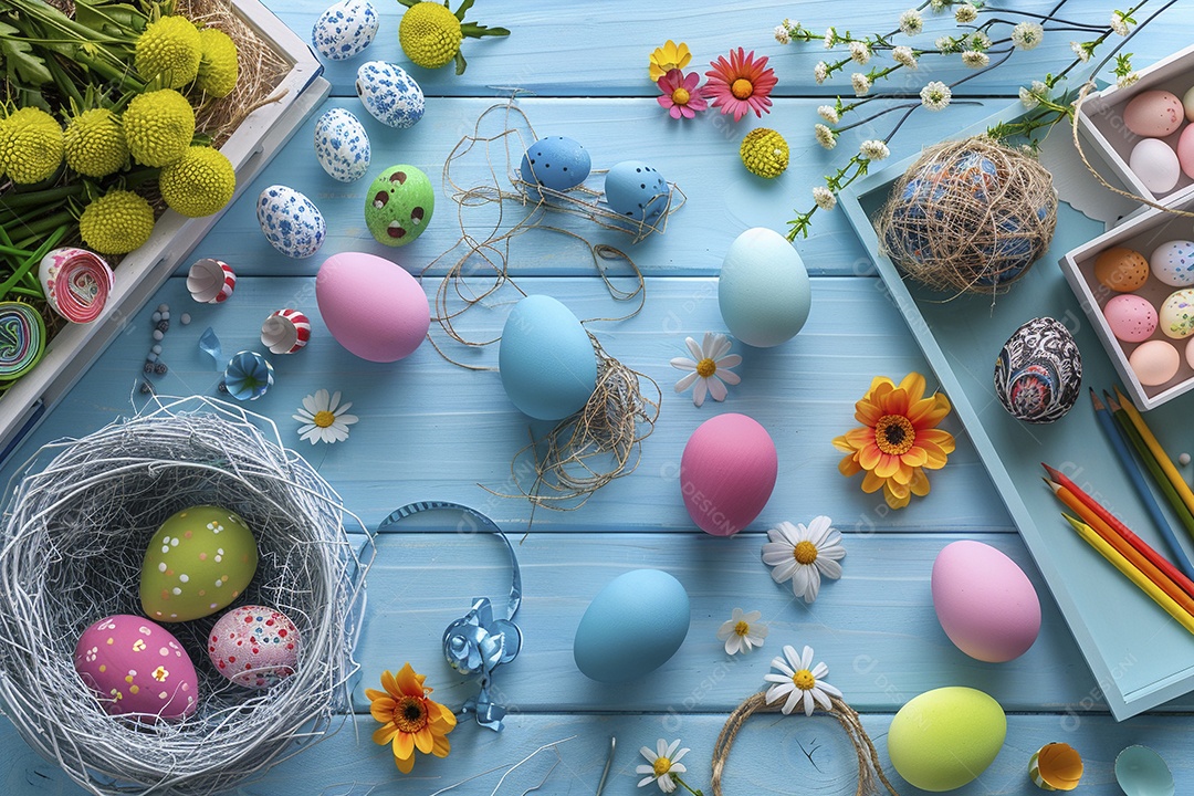 Ovos de Páscoa em fundo colorido e flores frescas