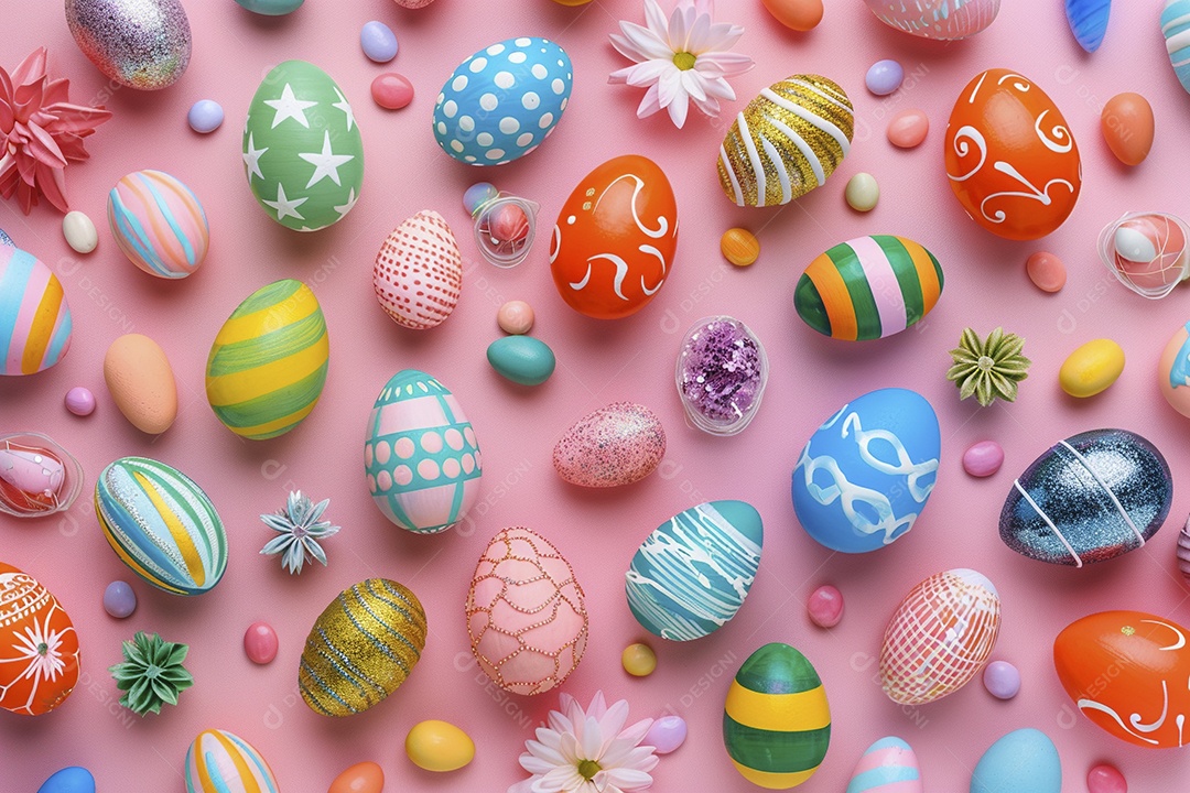 Ovos de Páscoa em fundo colorido e flores frescas