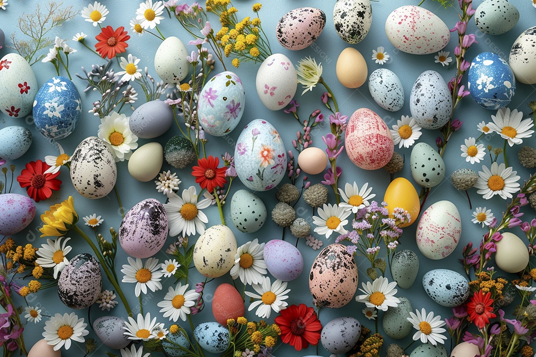 Ovos de Páscoa em fundo colorido com flores frescas