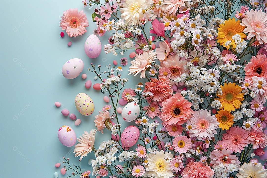 Páscoa com ovos coloridos e flores frescas