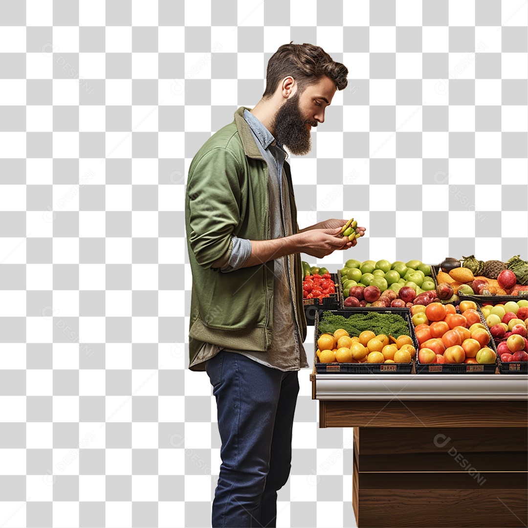 Homem com Bancada de Frutas PNG Transparente