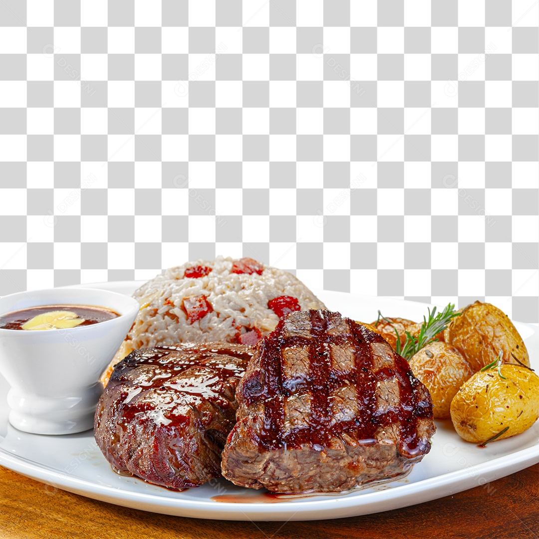 Carne grelhada batata arroz