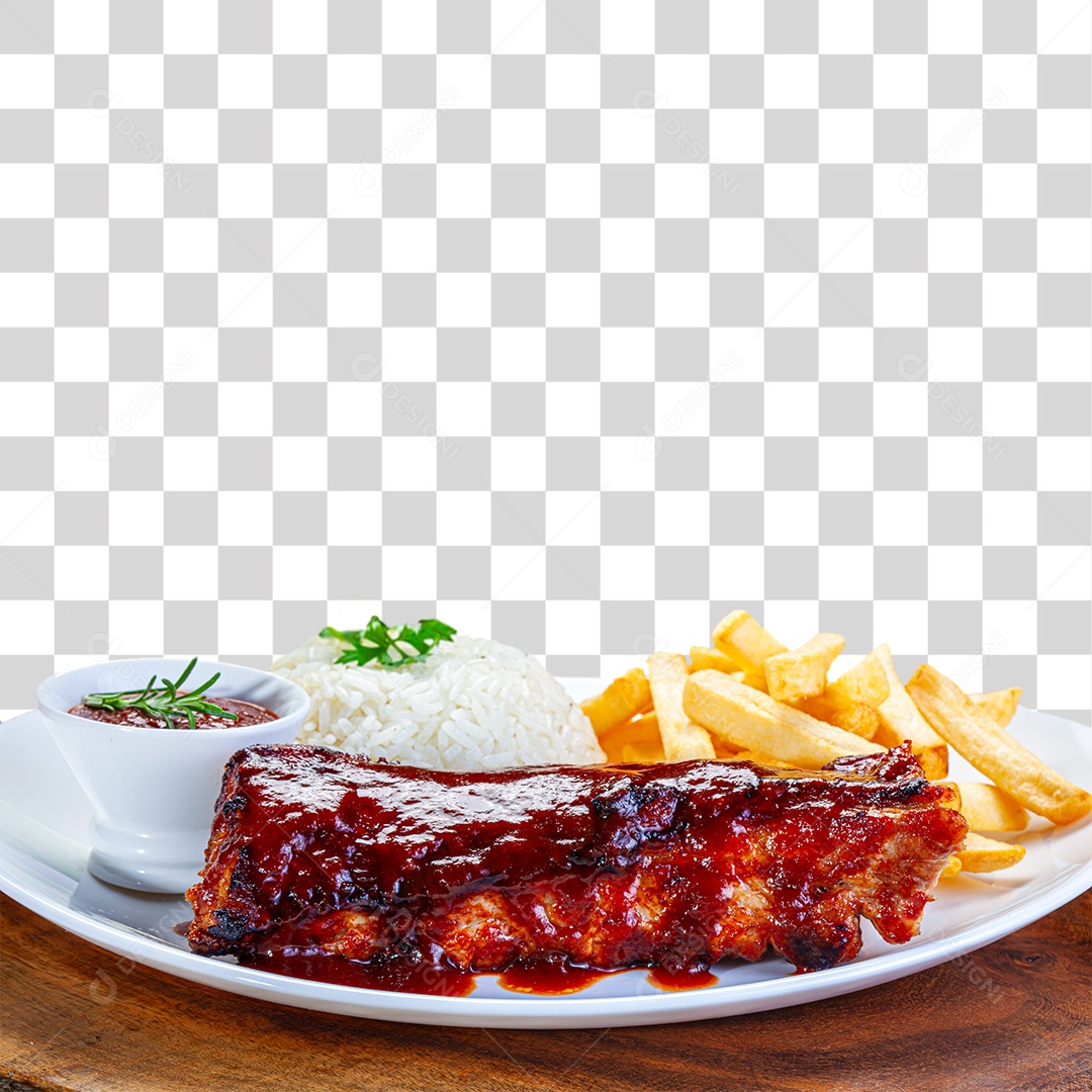 Costela suina com molho barbecue batata frita e arroz