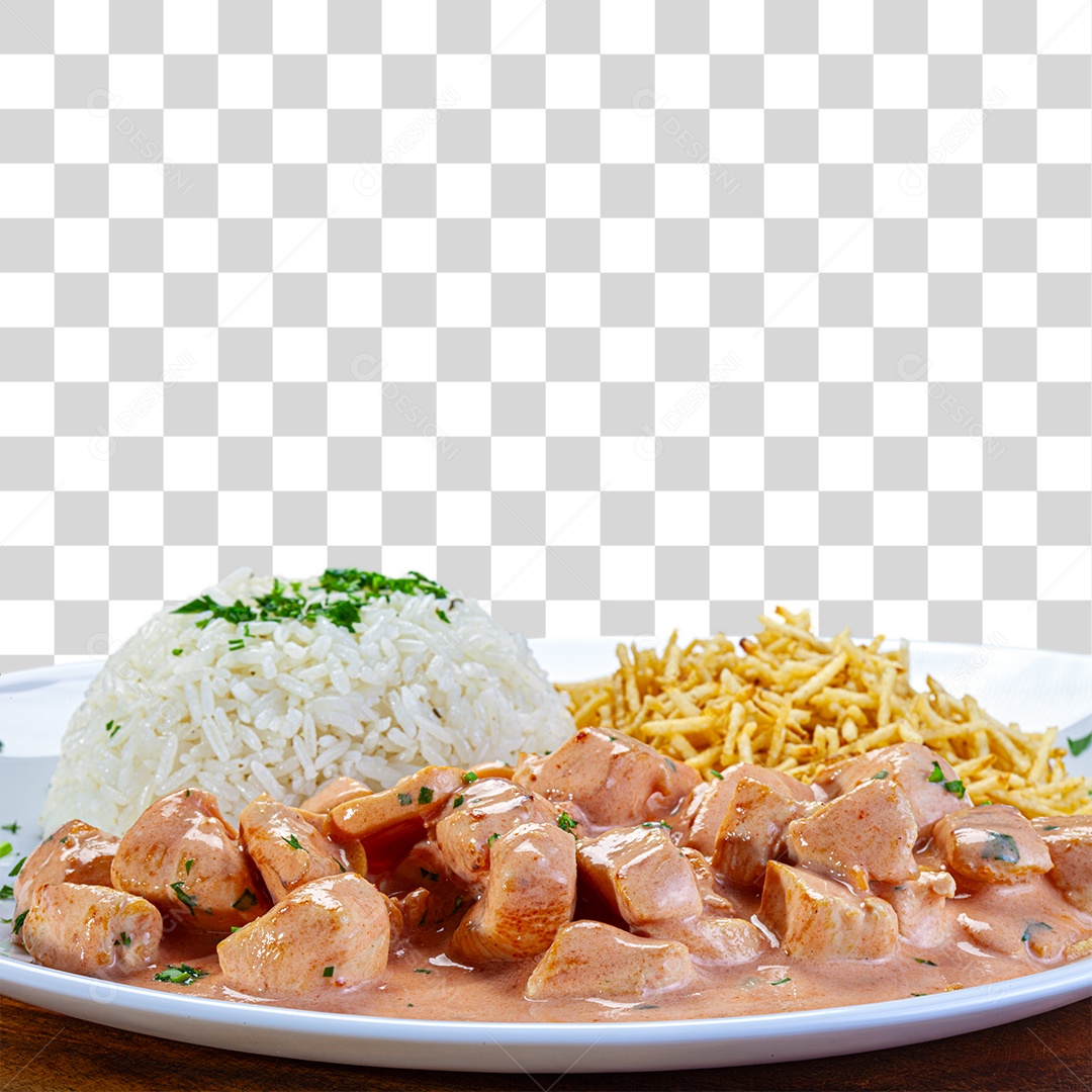 Estrogonofe de frango com batata palha e arroz