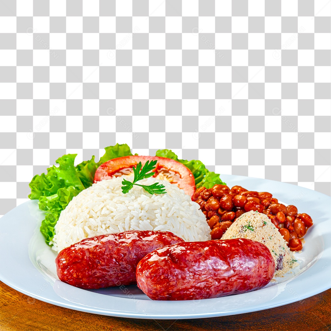 Prato com linguiça arroz feijao salada e farofa