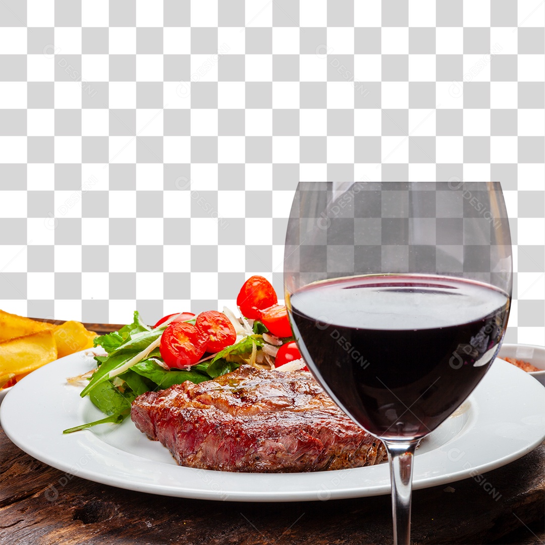 Carne assada salada com taca de vinho tinto