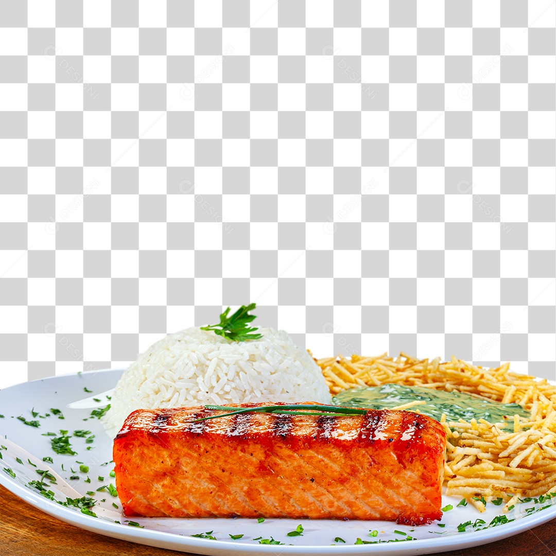 Salmão grelhado com arroz e batata palha