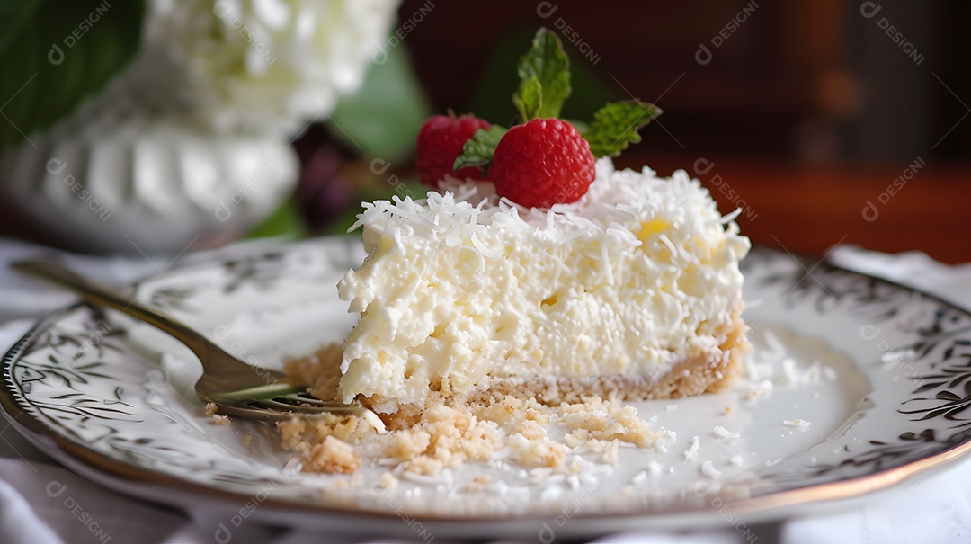 Fatia de bolo com coco e chantilly