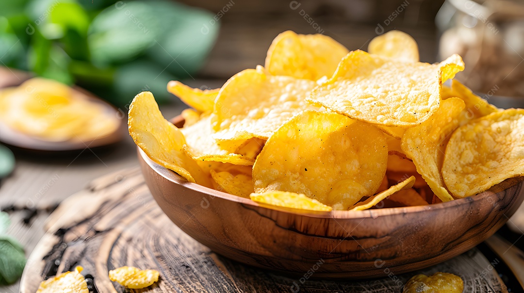 Bacia rústica de madeira com batatas chips