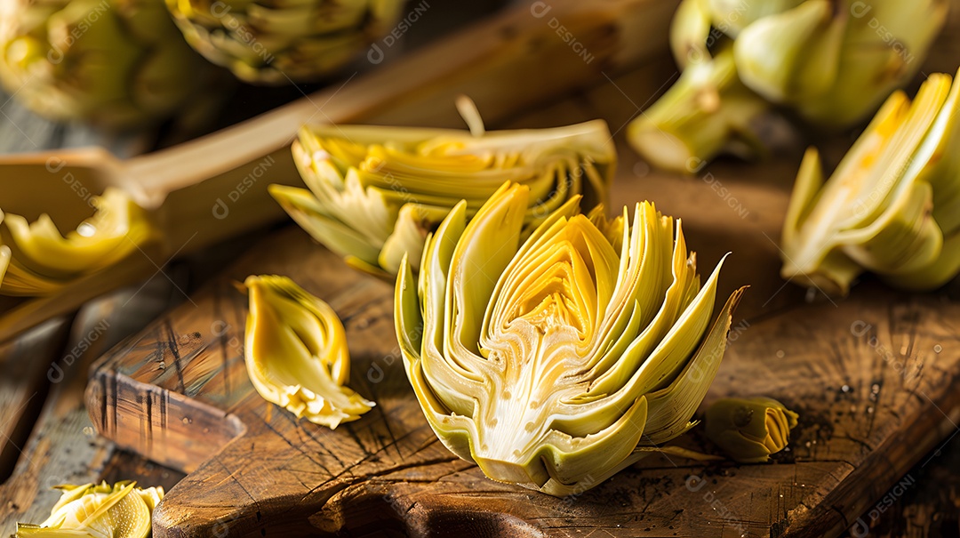 Corações de alcachofra sobre uma tábua