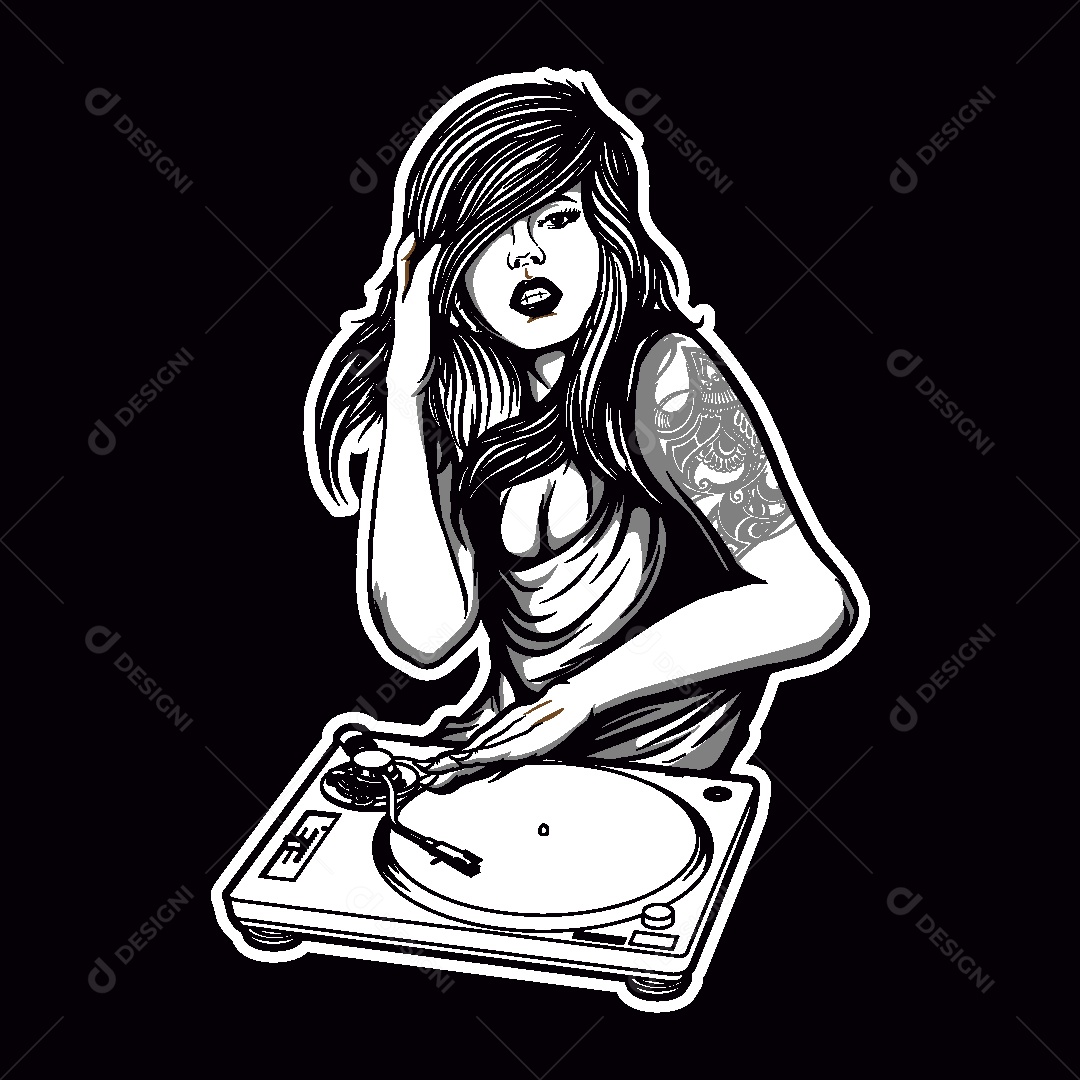 Estampa de Mulher DJ Ilustração Vetor EPS