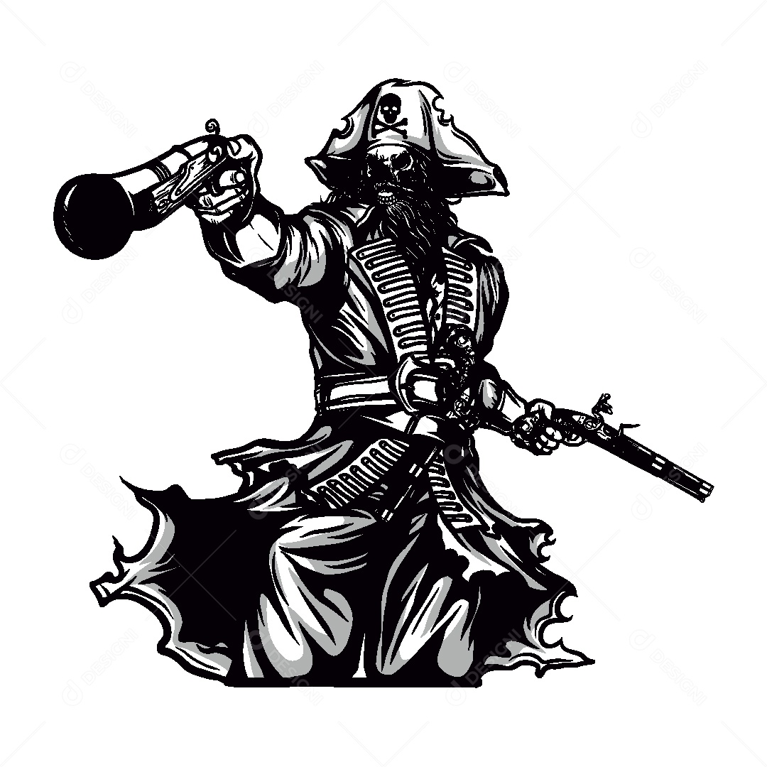 Estampa de Caveira com Armas Ilustração Vetor EPS