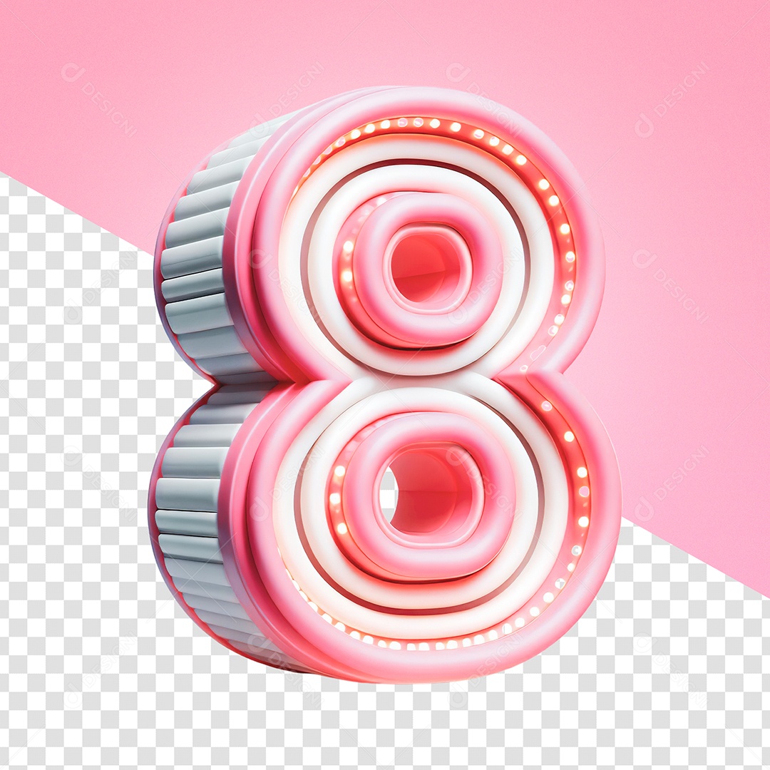 Elemento 3D Número 8 Rosa com Luzes do Dia da Mulher para Composição PSD