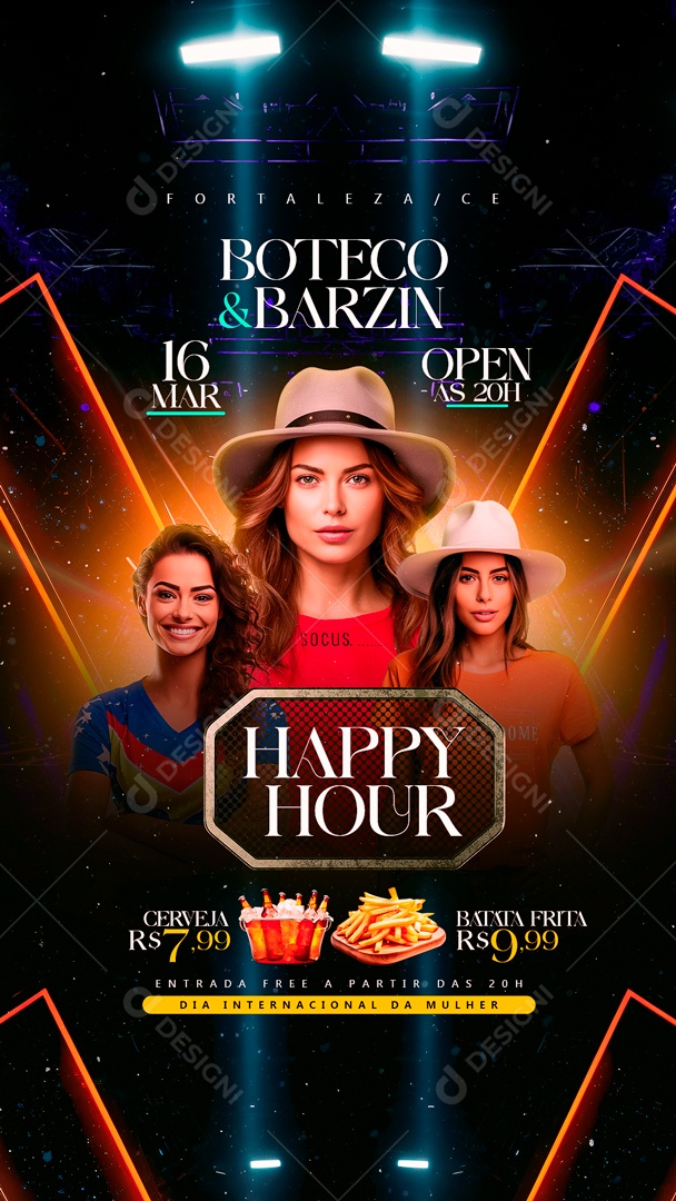 Flyer Story Boteco e Barzin Happy Hour Dia Internacional da Mulher Social Media PSD Editável
