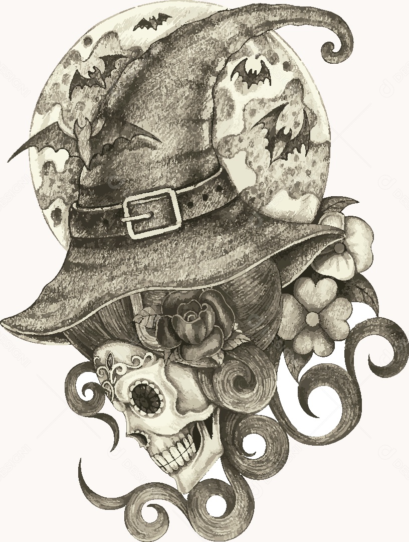 Desenho de Caveira Bruxa Feito a Mão Vetor EPS