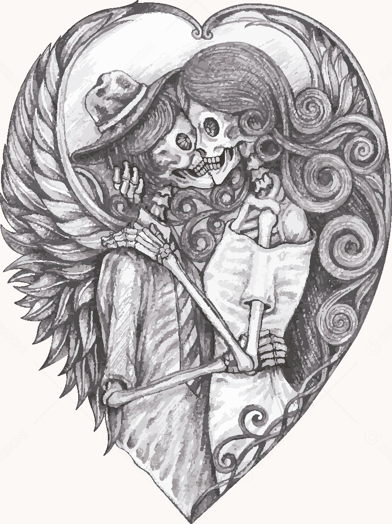 Desenho de Casal Caveira Feito a Mão Vetor EPS