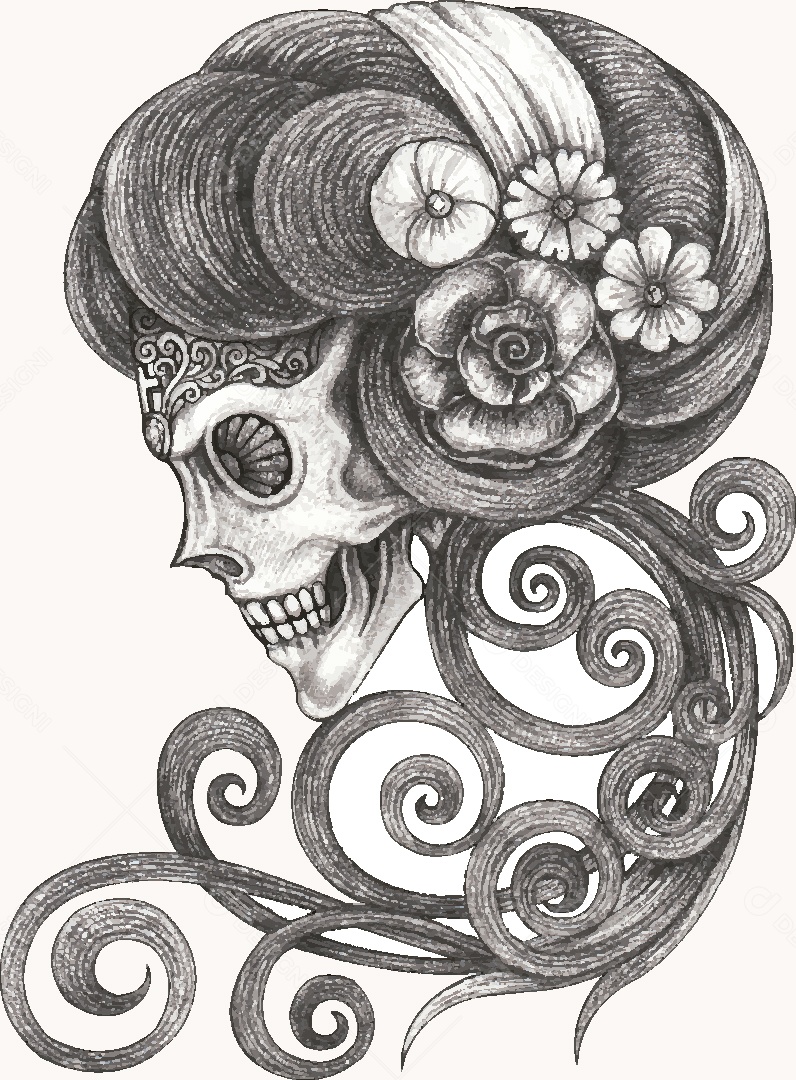 Desenho de Caveira Feminina Feito a Mão Vetor EPS