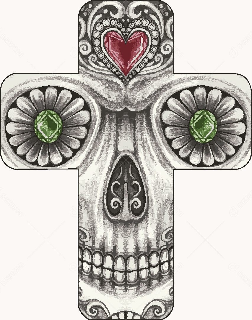 Desenho de Caveira em uma Cruz Feito a Mão Vetor EPS