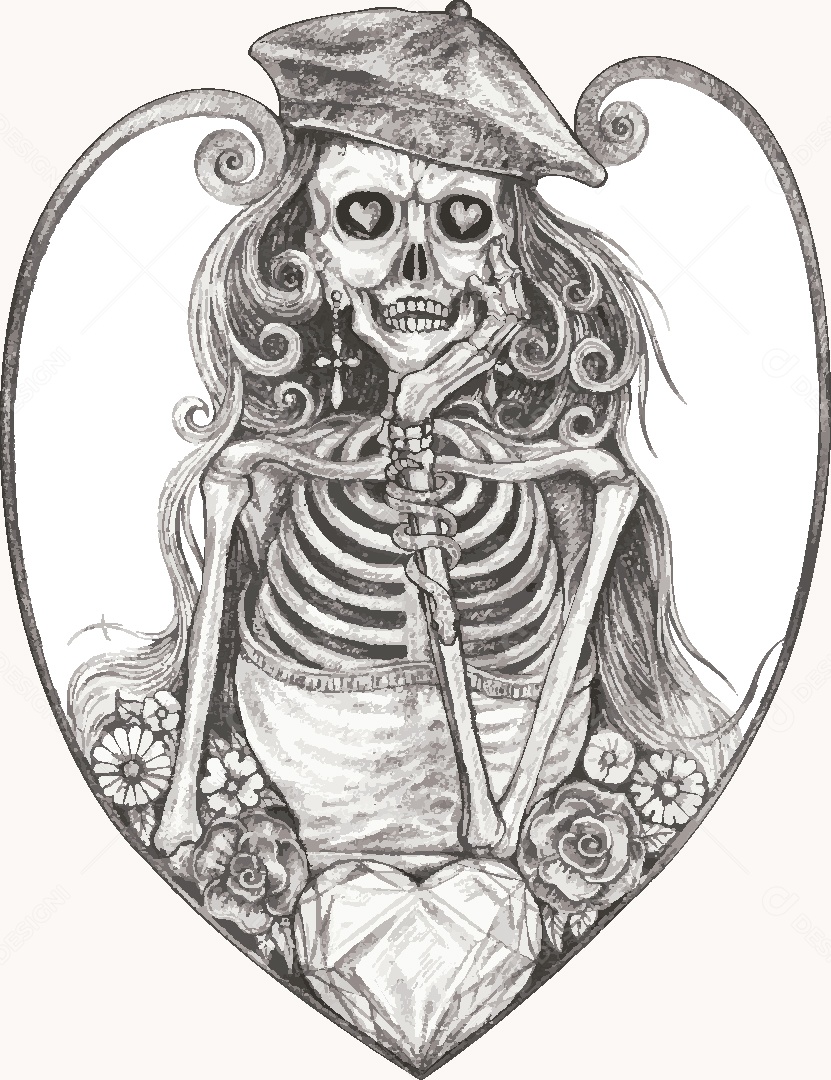 Desenho de Caveira Feminina Feito a Mão Vetor EPS