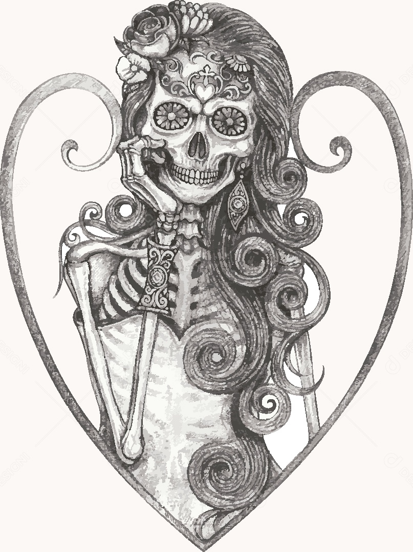 Desenho de Caveira Feminina Feito a Mão Vetor EPS