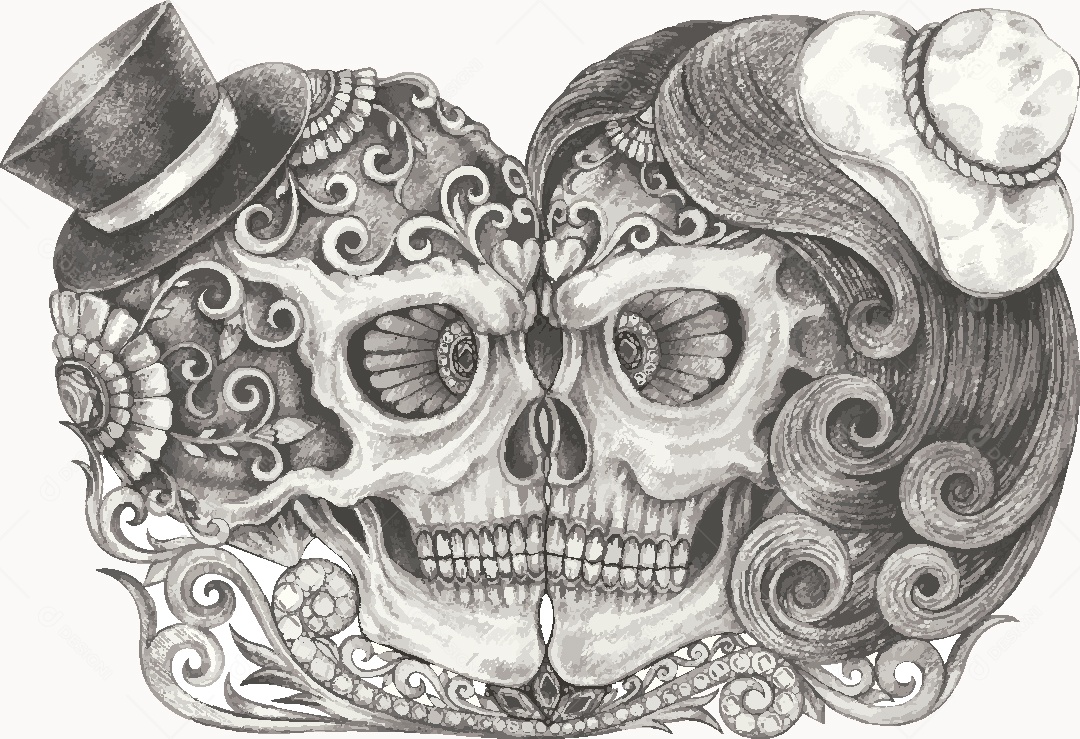 Desenho de Casal Caveira Feito a Mão Vetor EPS