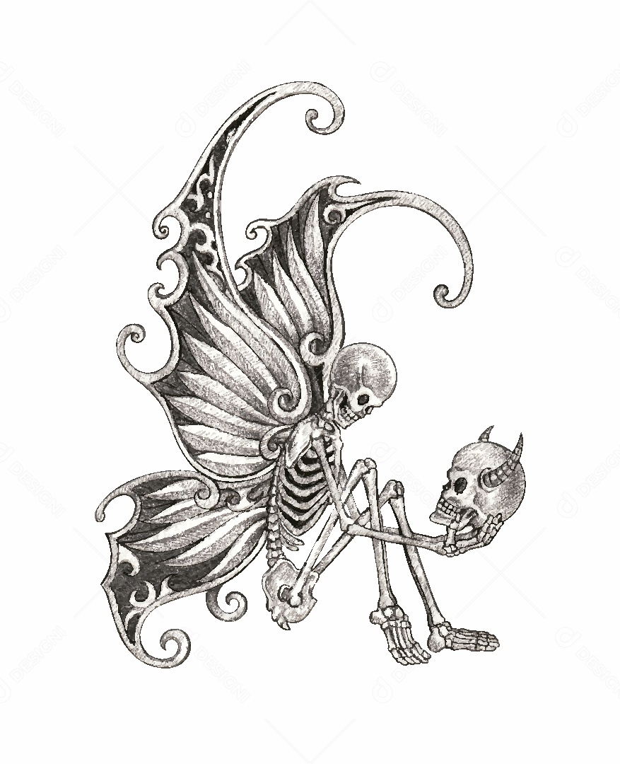 Desenho de Caveira Borboleta Feito a Mão Vetor EPS