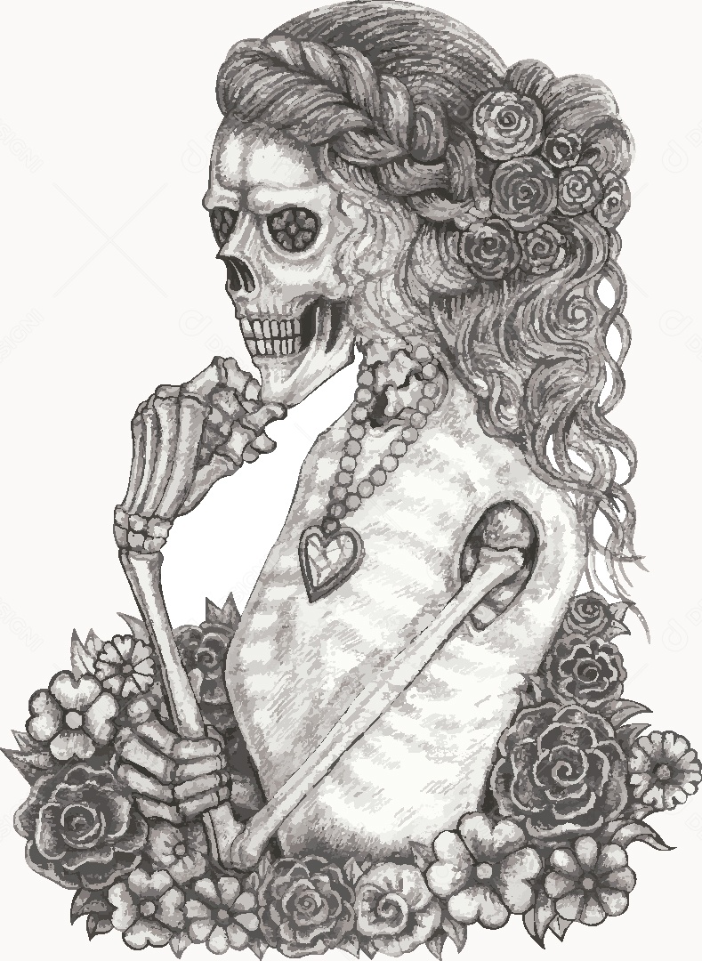 Desenho de Caveira Feminina Feito a Mão Vetor EPS