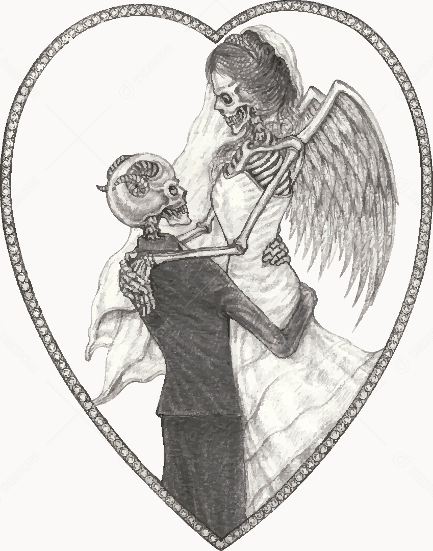 Desenho de Casal de Caveira Feito a Mão Vetor EPS