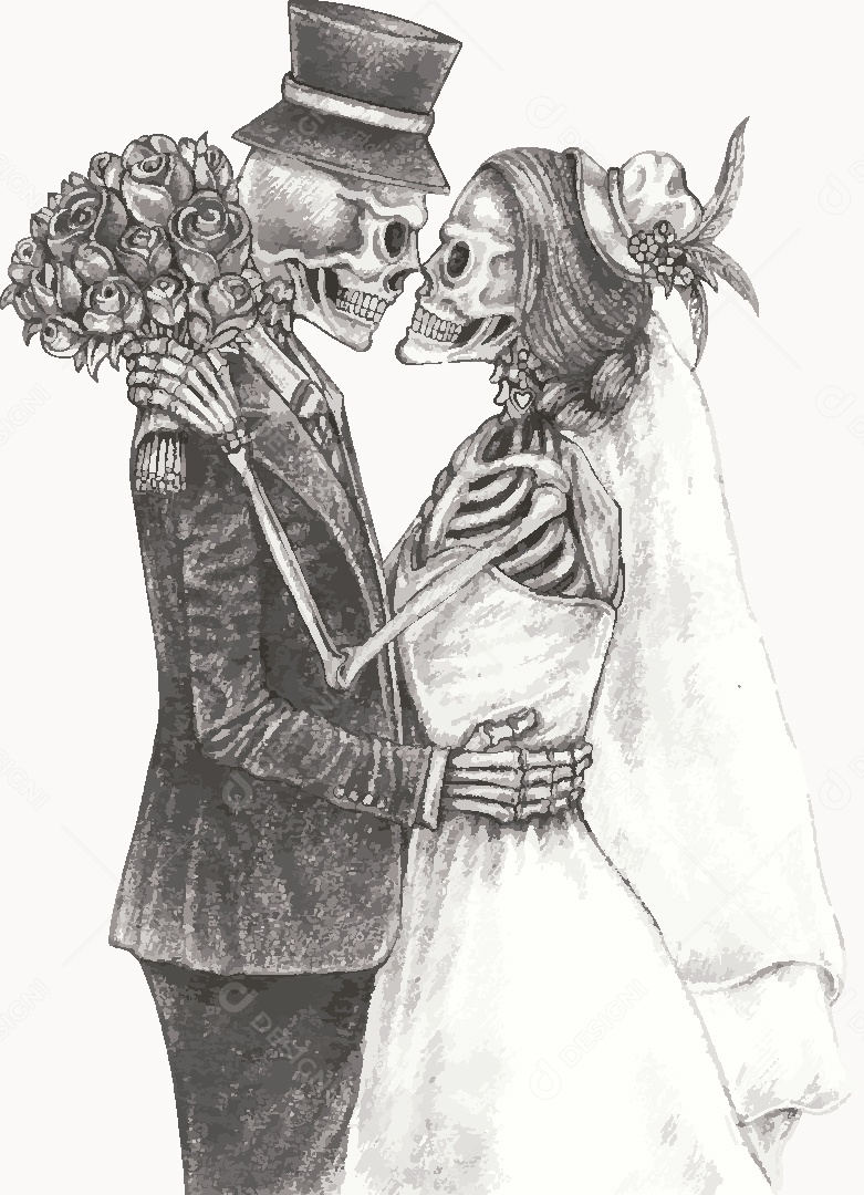 Desenho de Casal de Caveira Feito a Mão Vetor EPS