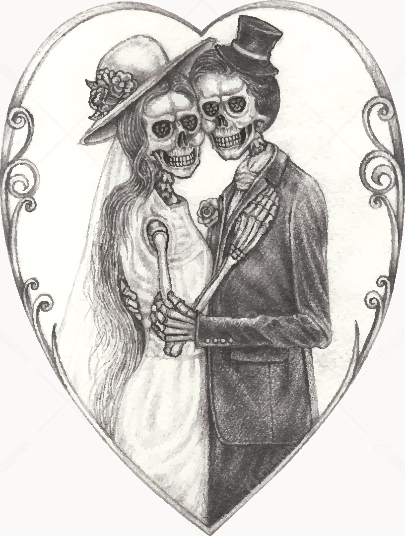 Desenho de Casal de Caveira Feito a Mão Vetor EPS