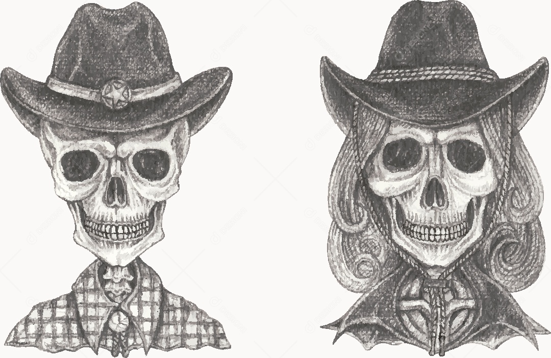 Desenho de Casal de Caveira Feito a Mão Vetor EPS