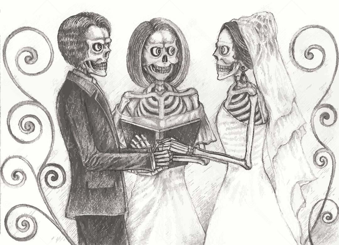 Desenho de Casal de Caveira Feito a Mão Vetor EPS