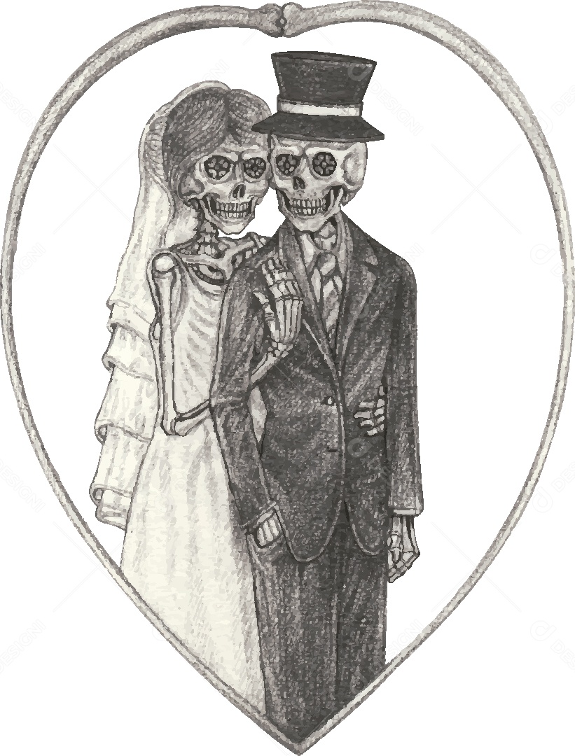 Desenho de Casal de Caveira Feito a Mão Vetor EPS