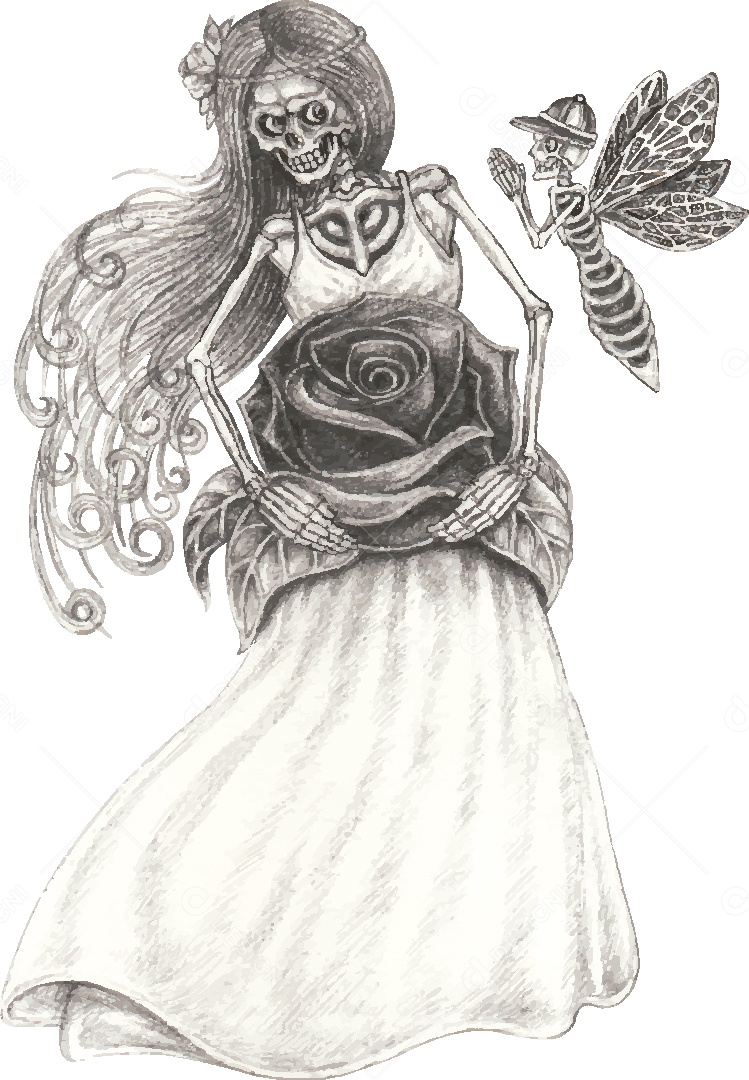 Desenho de Caveira Feminina Feito a Mão Vetor EPS