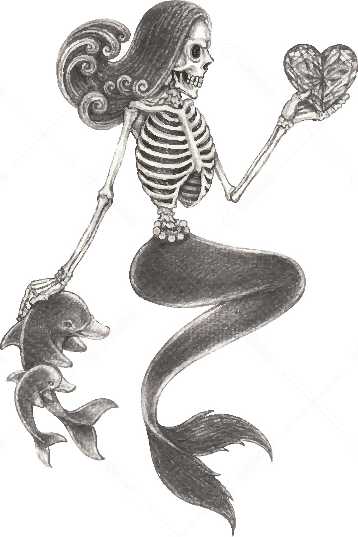 Desenho de Sereia Caveira Feito a Mão Vetor EPS