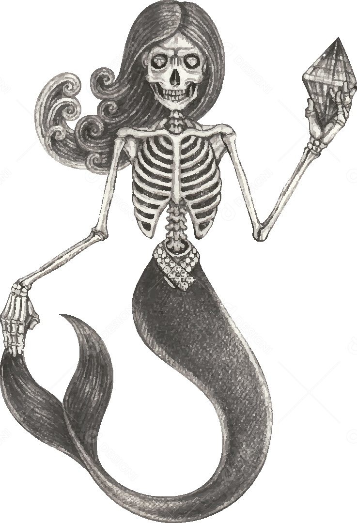 Desenho de Sereia Caveira Feito a Mão Vetor EPS