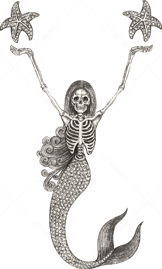Desenho de Sereia Caveira Feito a Mão Vetor EPS
