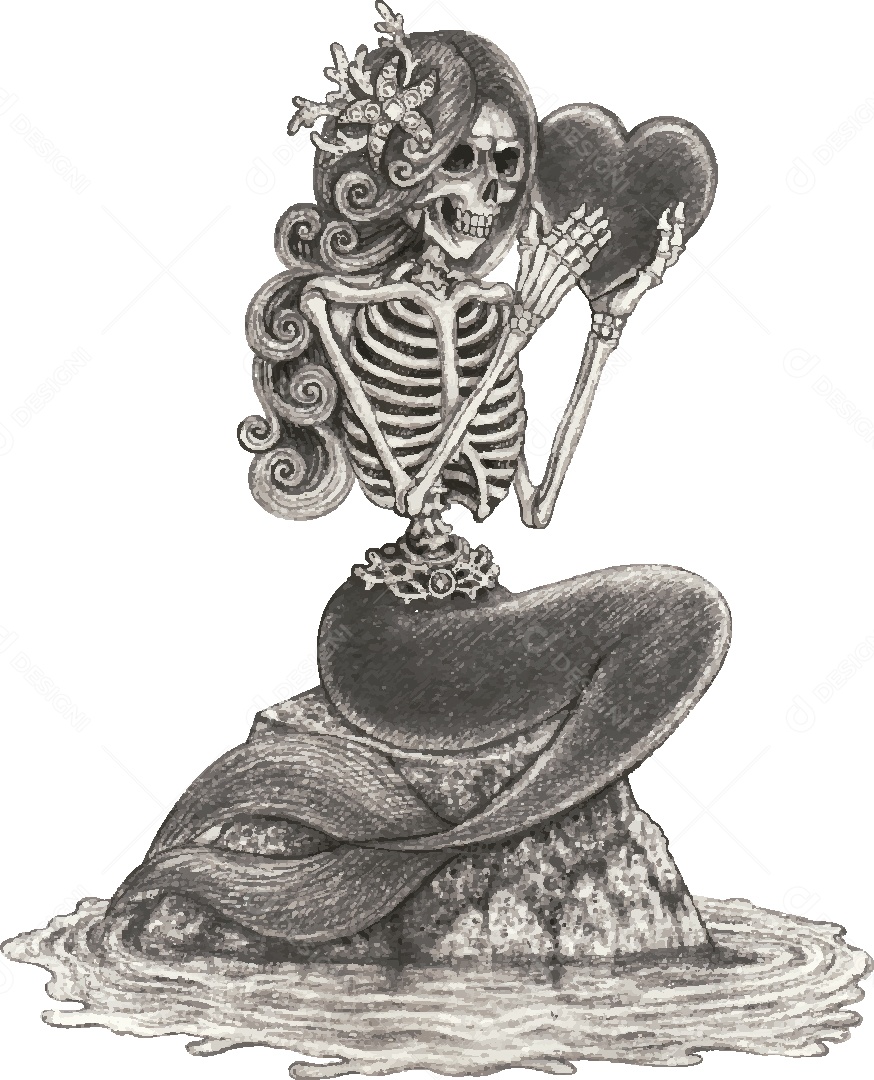 Desenho de Sereia Caveira Feito a Mão Vetor EPS