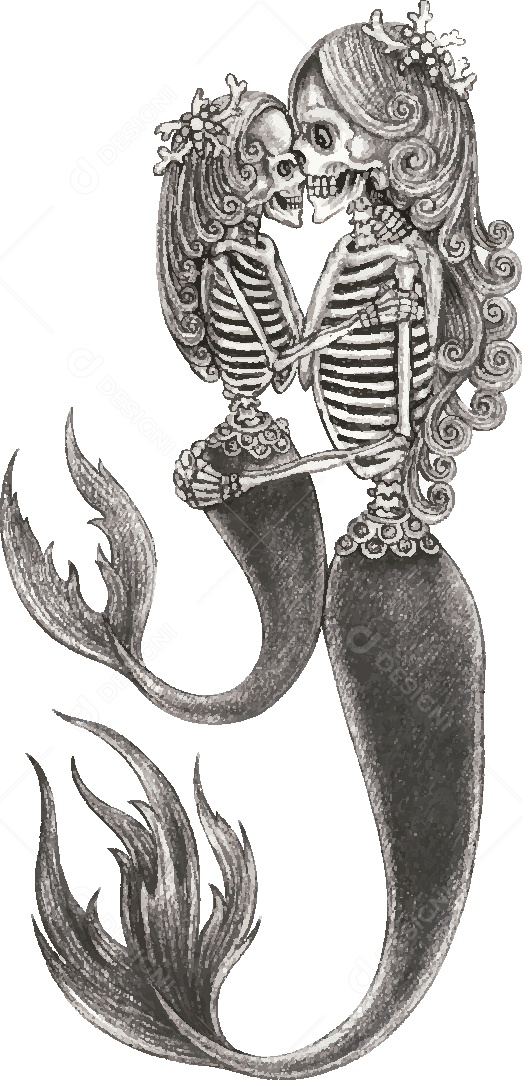Desenho de Caveira Sereia Feito a Mão Vetor EPS