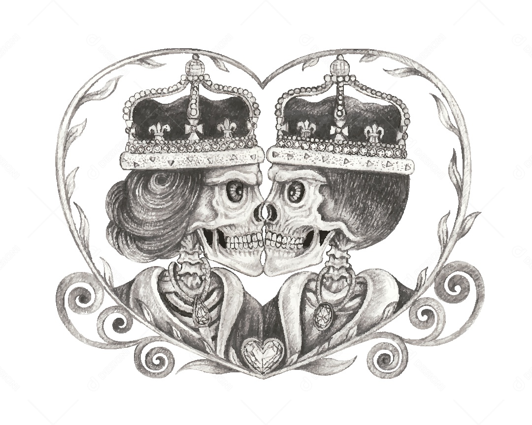 Desenho de Casal de Caveira Feito a Mão Vetor EPS
