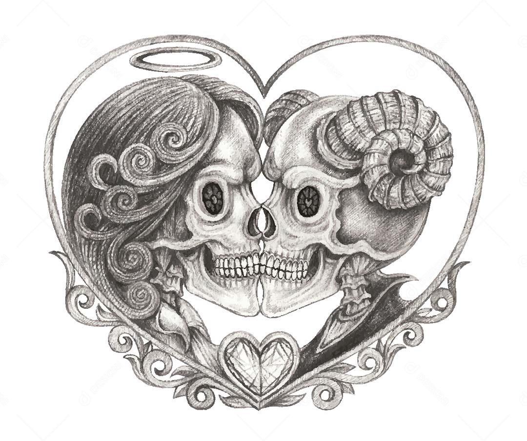 Desenho de Casal de Caveira Feito a Mão Vetor EPS