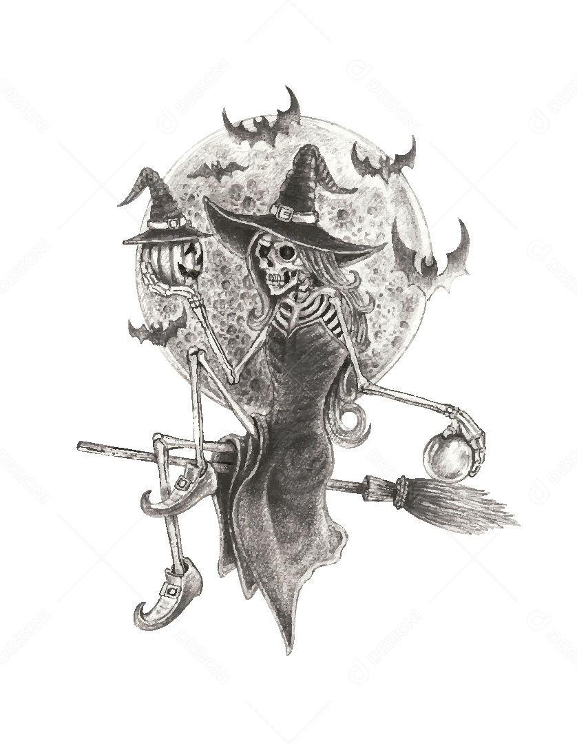 Desenho de Bruxa Caveira Feito a Mão Vetor EPS