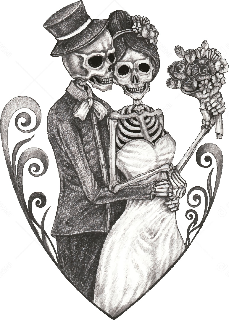 Desenho de Casal de Caveira Feito a Mão Vetor EPS
