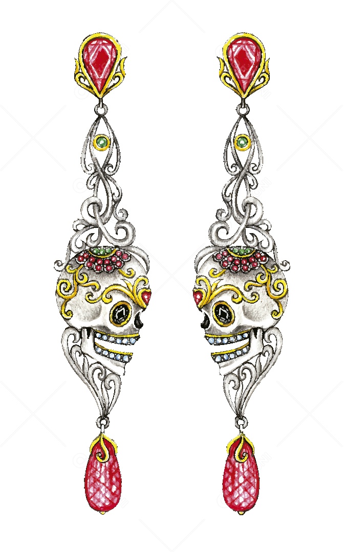 Desenho de Brincos de Caveira Feito a Mão Vetor EPS