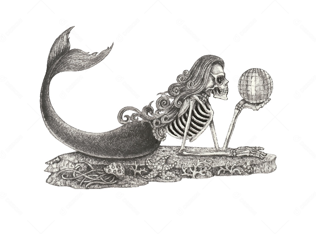 Desenho de Sereia Caveira Feito a Mão Vetor EPS