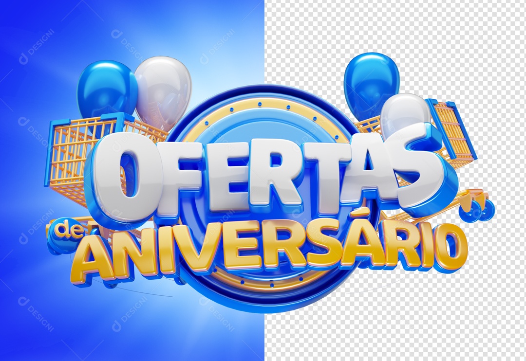 Ofertas de Aniversario Selo 3D Branco Azul para Composição PSD