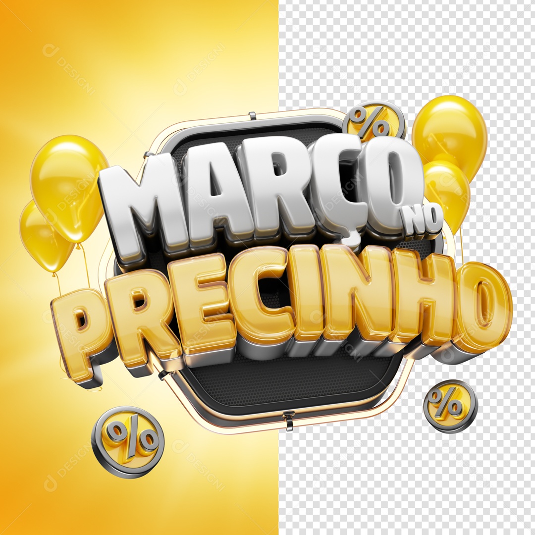 Março no Precinho Selo 3D Branco Amarelo para Composição PSD