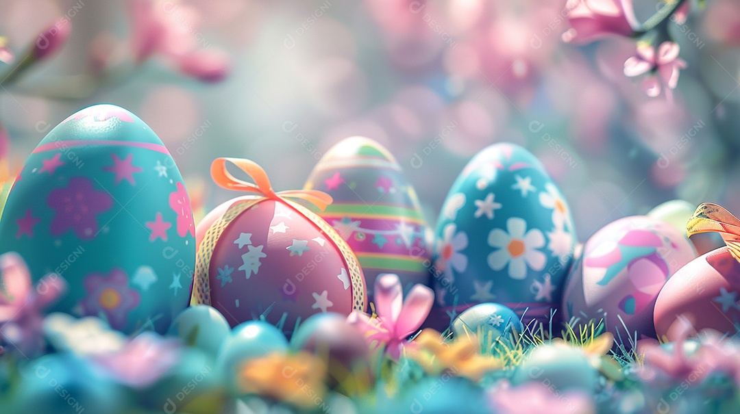 Ovos de páscoa coloridos sobre um jardim encantado